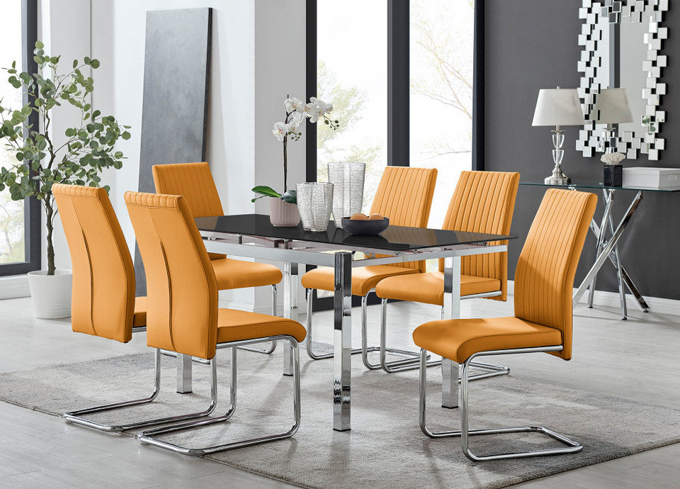 Enna Black Glass Extending Dining Table and 6 Lorenzo Chairs