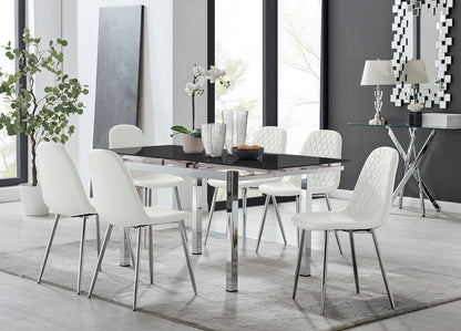 Enna Black Glass Extending Dining Table and 6 Corona Silver Leg Chairs