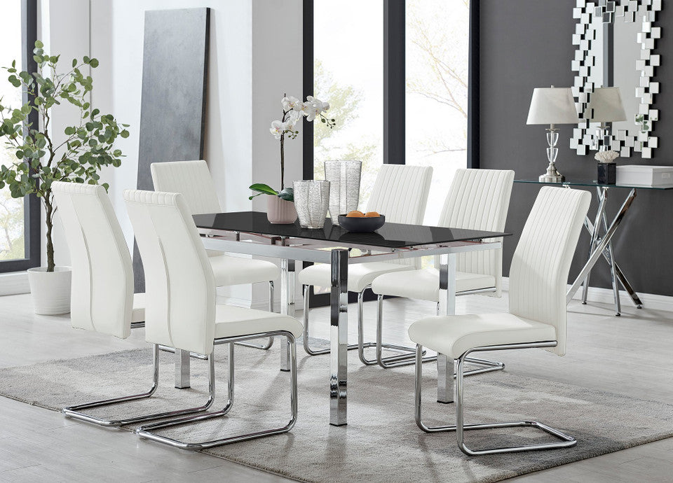 Enna Black Glass Extending Dining Table and 6 Lorenzo Chairs