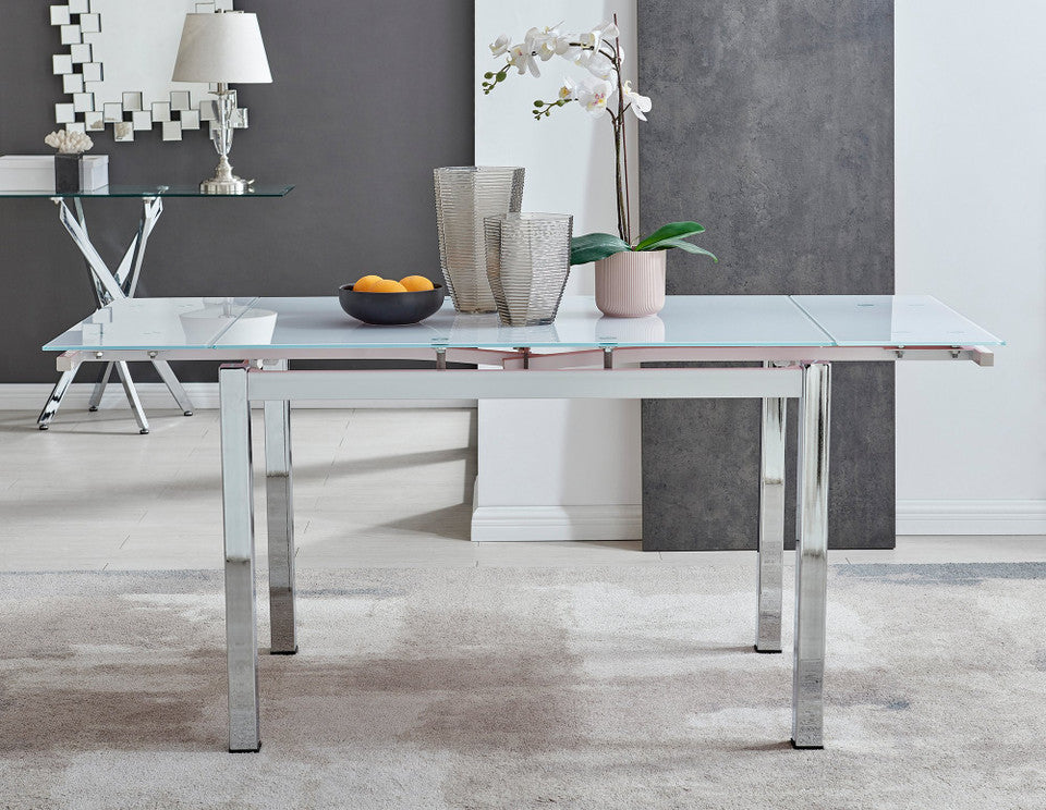 Enna White Glass Extending Dining Table and 6 Corona Silver Leg Chairs