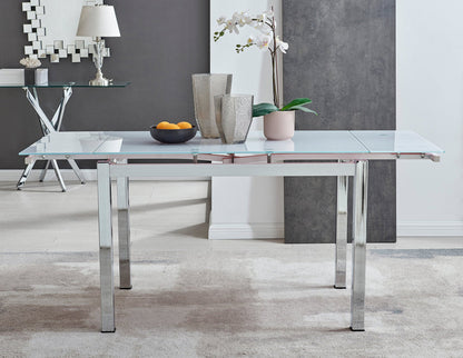 Enna White Glass Extending Dining Table and 6 Corona Silver Leg Chairs