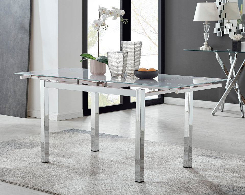 Enna White Glass Extending Dining Table and 6 Corona Silver Leg Chairs
