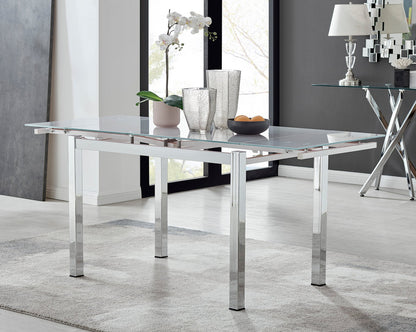 Enna White Glass Extending Dining Table and 6 Corona Silver Leg Chairs