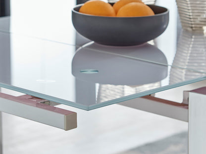 Enna White Glass Extending Dining Table and 6 Corona Silver Leg Chairs