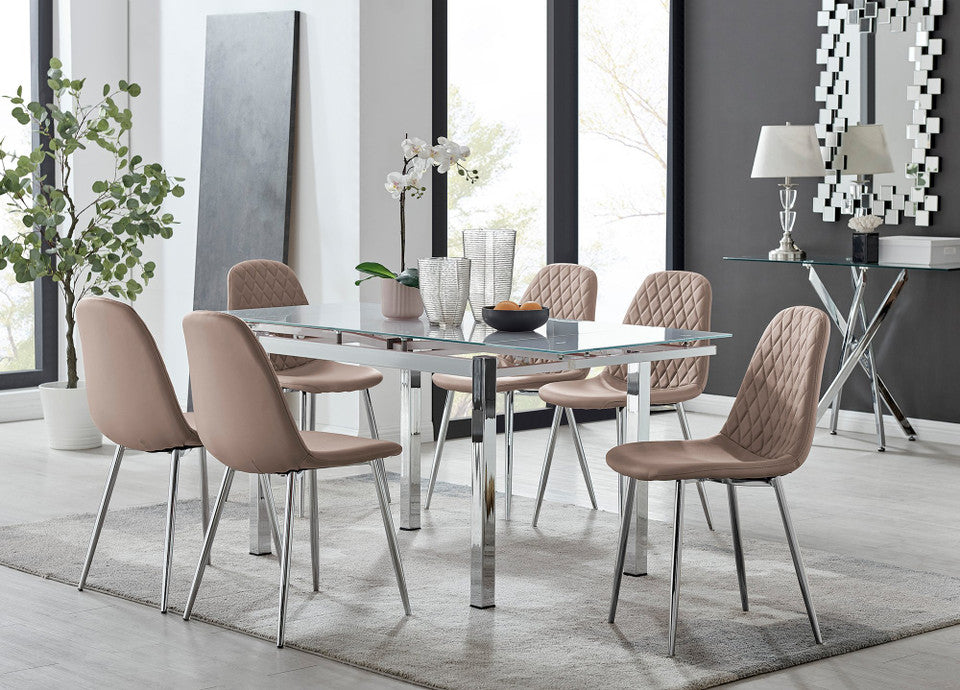 Enna White Glass Extending Dining Table and 6 Corona Silver Leg Chairs