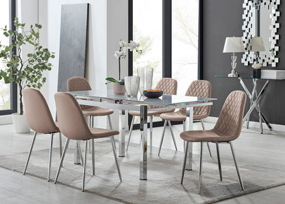 Enna White Glass Extending Dining Table and 6 Corona Silver Leg Chairs