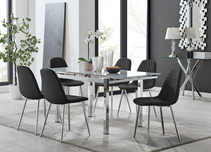Enna White Glass Extending Dining Table and 6 Corona Silver Leg Chairs
