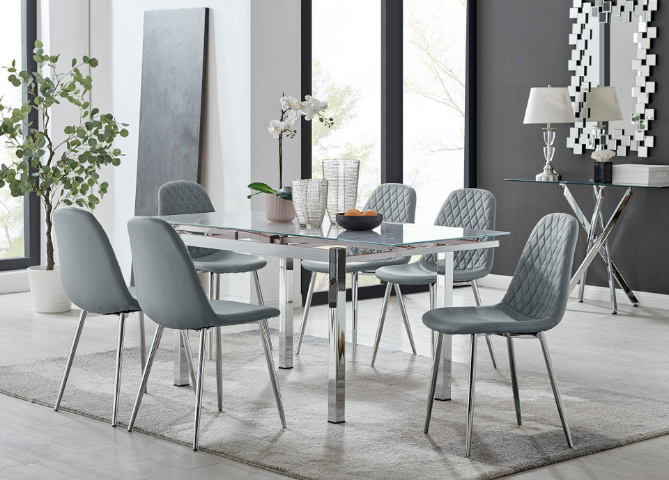 Enna White Glass Extending Dining Table and 6 Corona Silver Leg Chairs