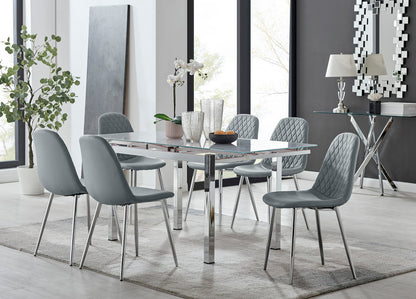 Enna White Glass Extending Dining Table and 6 Corona Silver Leg Chairs