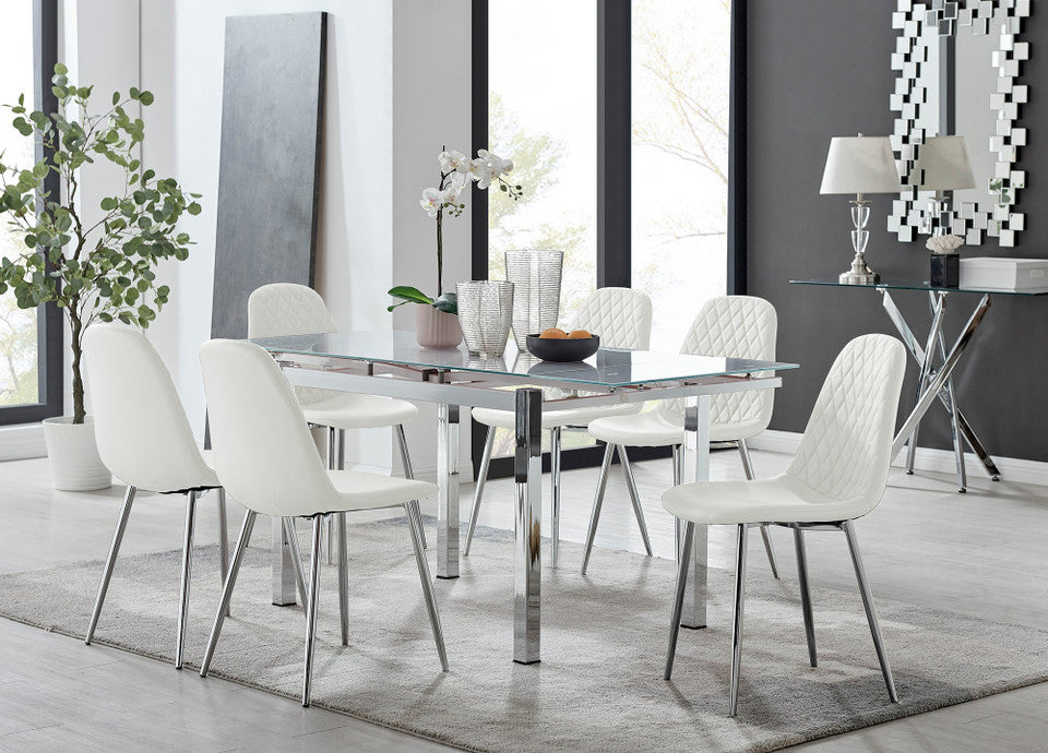 Enna White Glass Extending Dining Table and 6 Corona Silver Leg Chairs