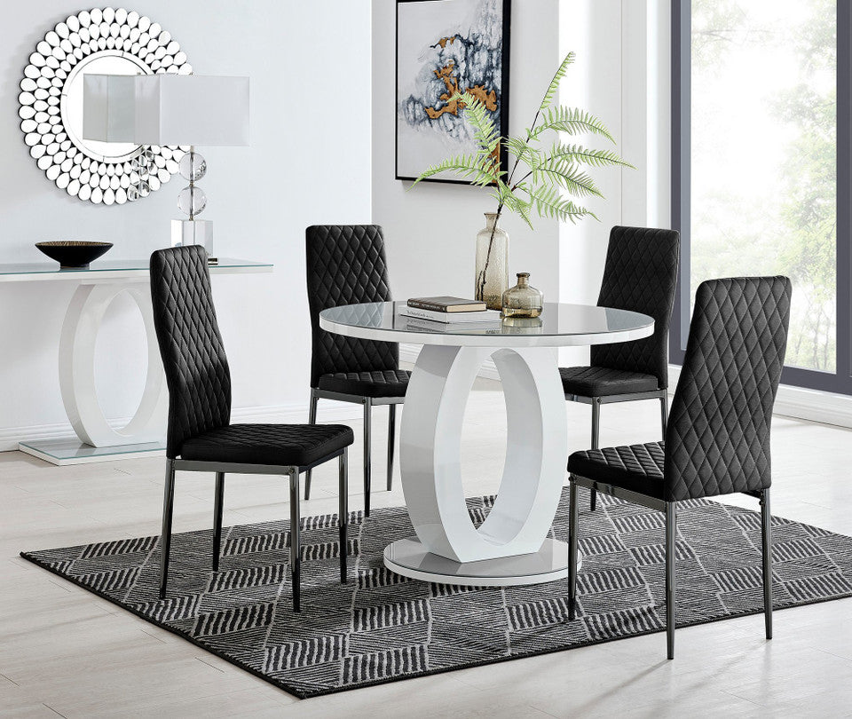 Giovani Round Grey 100cm Table and 4 Velvet Milan Black Leg Chairs