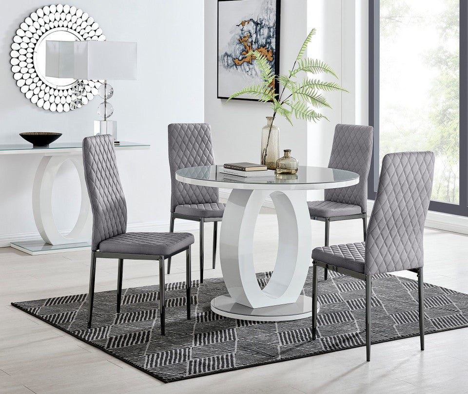 Giovani Round Grey 100cm Table and 4 Velvet Milan Black Leg Chairs