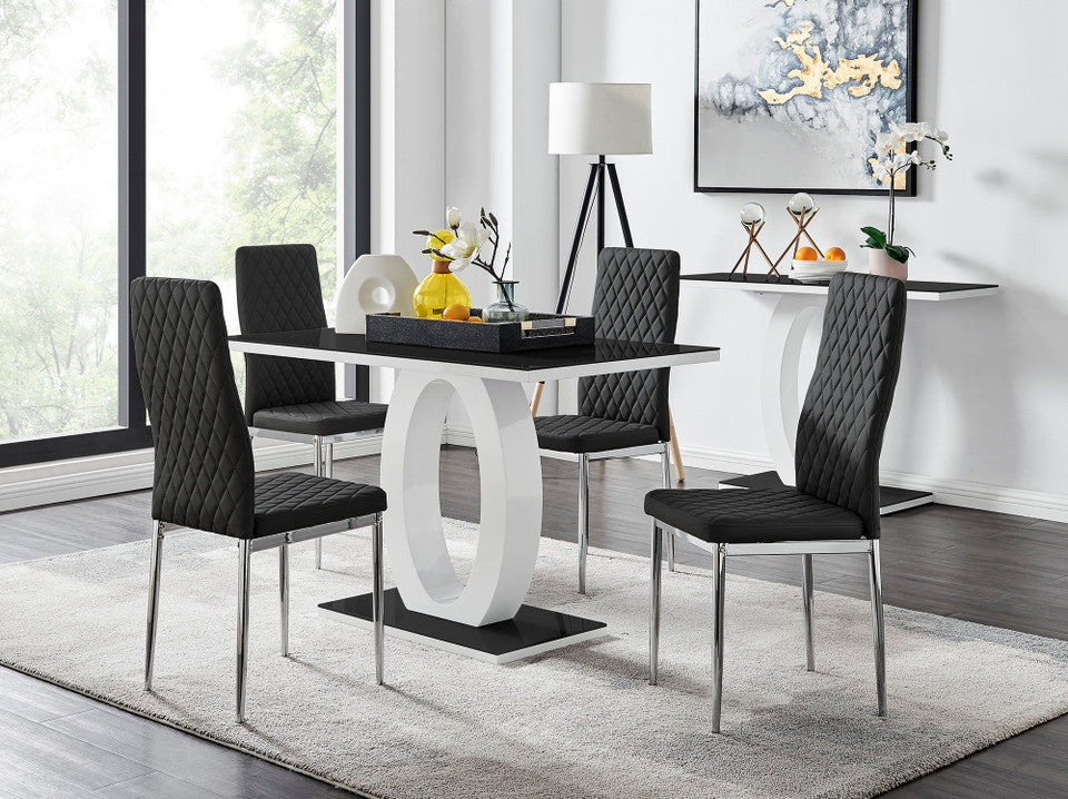 Giovani Black White High Gloss Glass Dining Table and 4 Milan Chairs Set