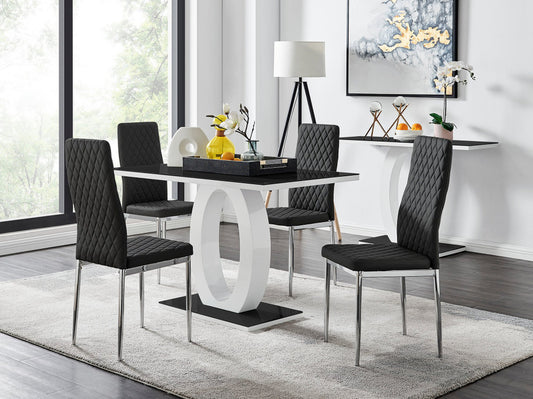 Giovani Black White High Gloss Glass Dining Table and 4 Milan Chairs Set