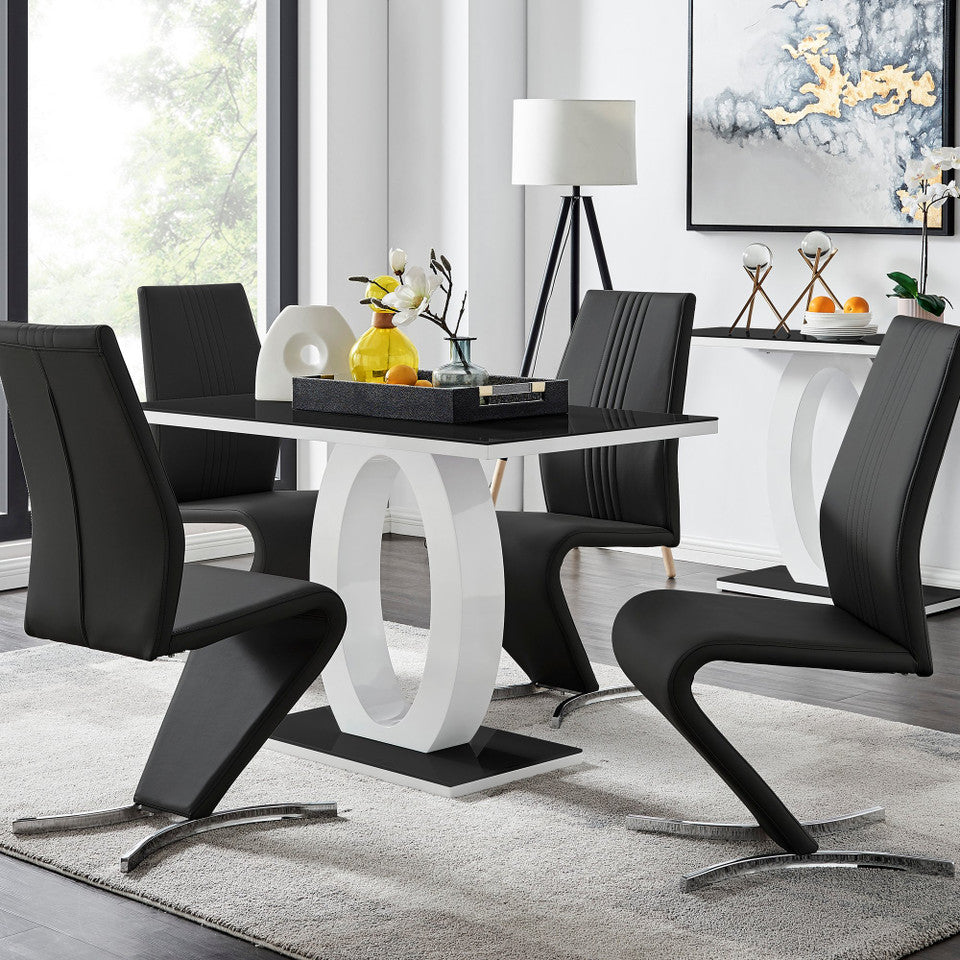 Giovani Black White High Gloss Glass Dining Table and 4 Willow Chairs Set
