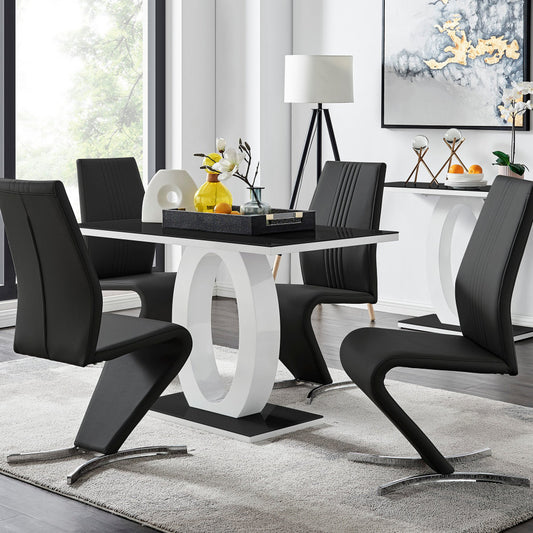 Giovani Black White High Gloss Glass Dining Table and 4 Willow Chairs Set