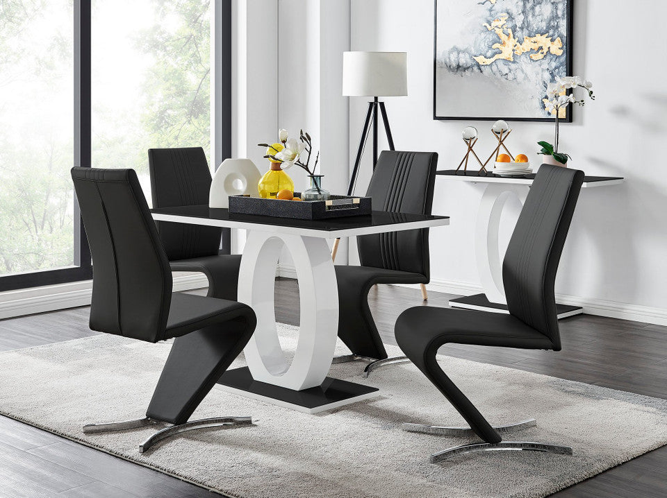 Giovani Black White High Gloss Glass Dining Table and 4 Willow Chairs Set