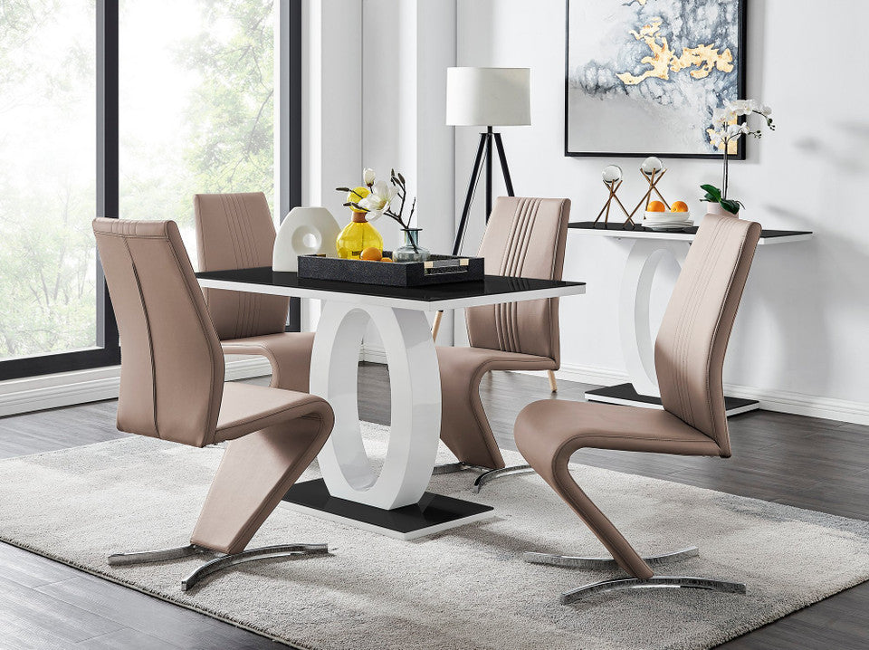 Giovani Black White High Gloss Glass Dining Table and 4 Willow Chairs Set