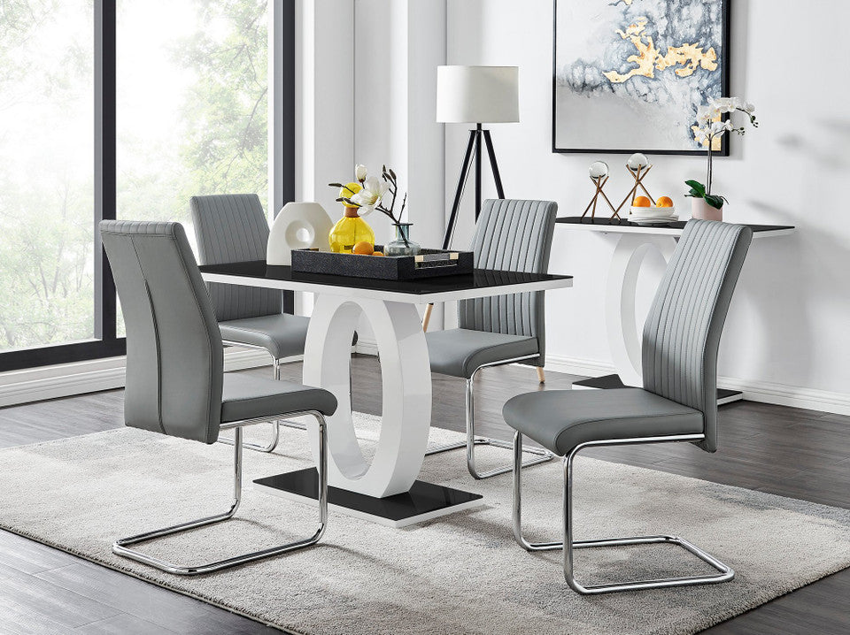 Imperia 4 Grey Dining Table and 4 Velvet Milan Black Leg Chairs