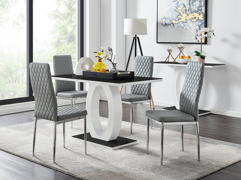 Giovani Black White High Gloss Glass Dining Table and 4 Milan Chairs Set