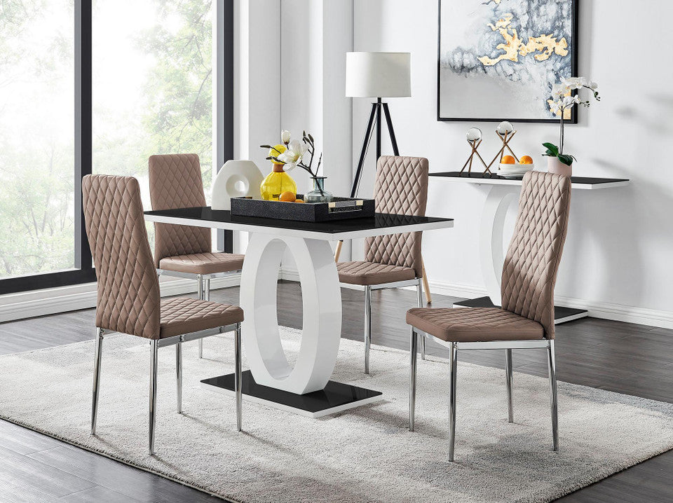 Giovani Black White High Gloss Glass Dining Table and 4 Milan Chairs Set