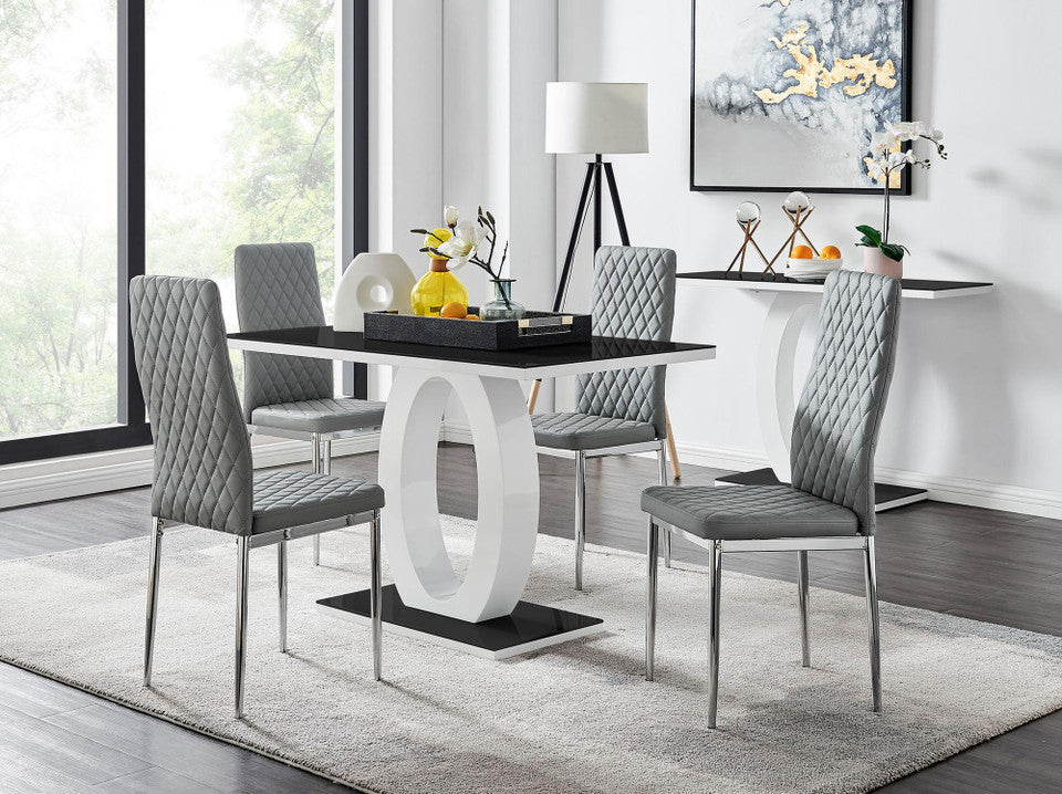 Giovani Black White High Gloss Glass Dining Table and 4 Milan Chairs Set