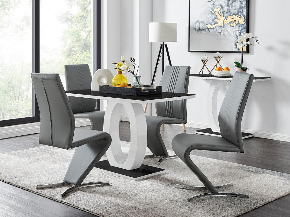 Giovani Black White High Gloss Glass Dining Table and 4 Willow Chairs Set