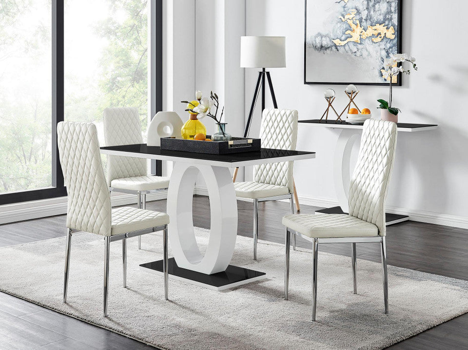 Giovani Black White High Gloss Glass Dining Table and 4 Milan Chairs Set