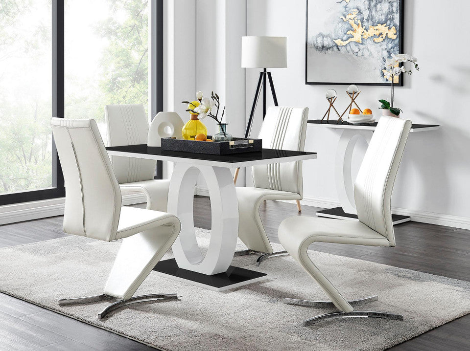 Giovani Black White High Gloss Glass Dining Table and 4 Willow Chairs Set