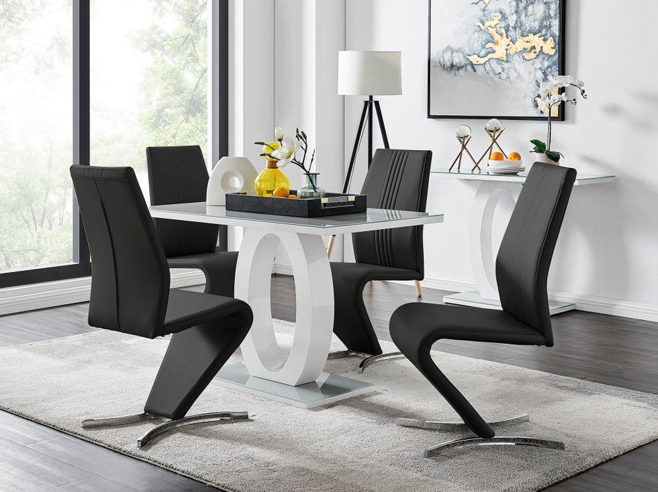 Giovani Grey White Modern High Gloss And Glass Dining Table And 4 Willow Chairs Set