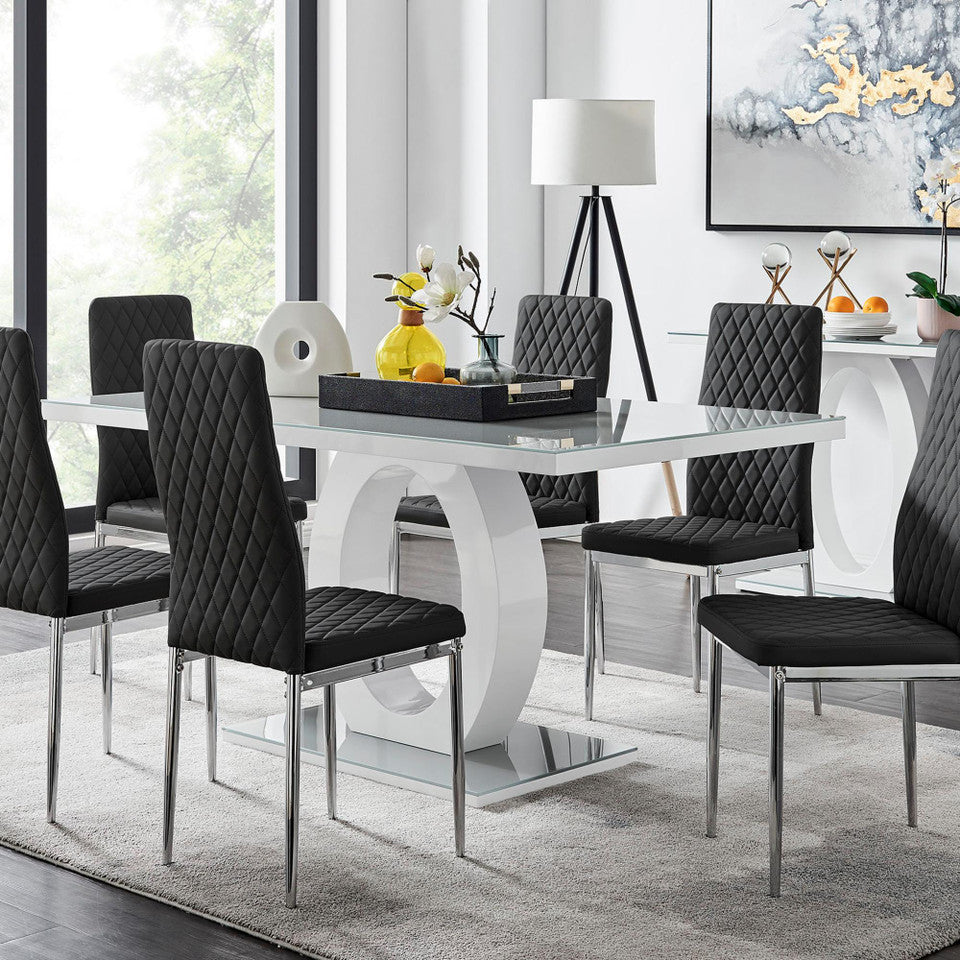 Giovani Grey White Modern High Gloss And Glass Dining Table And 6 Milan Chairs Set