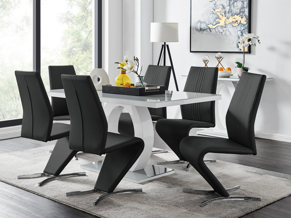 Giovani Grey White Modern High Gloss And Glass Dining Table And 6 Willow Chairs Set