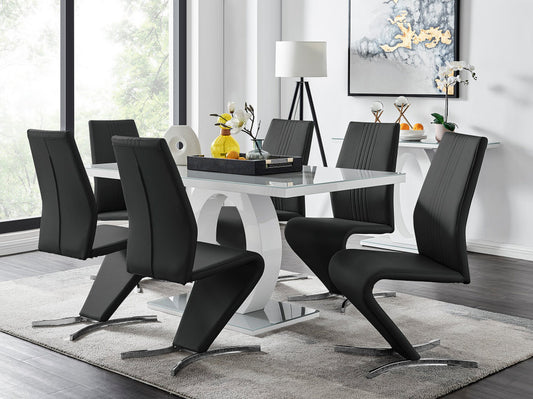 Giovani Grey White Modern High Gloss And Glass Dining Table And 6 Willow Chairs Set