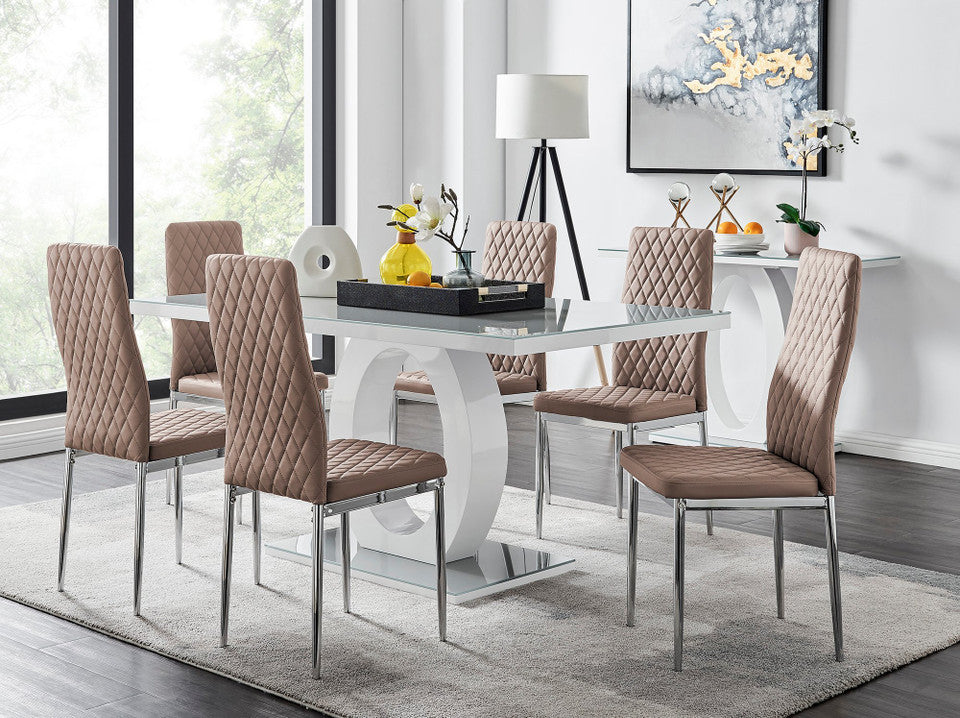 Giovani Grey White Modern High Gloss And Glass Dining Table And 6 Milan Chairs Set