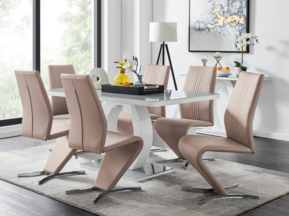 Giovani Grey White Modern High Gloss And Glass Dining Table And 6 Willow Chairs Set