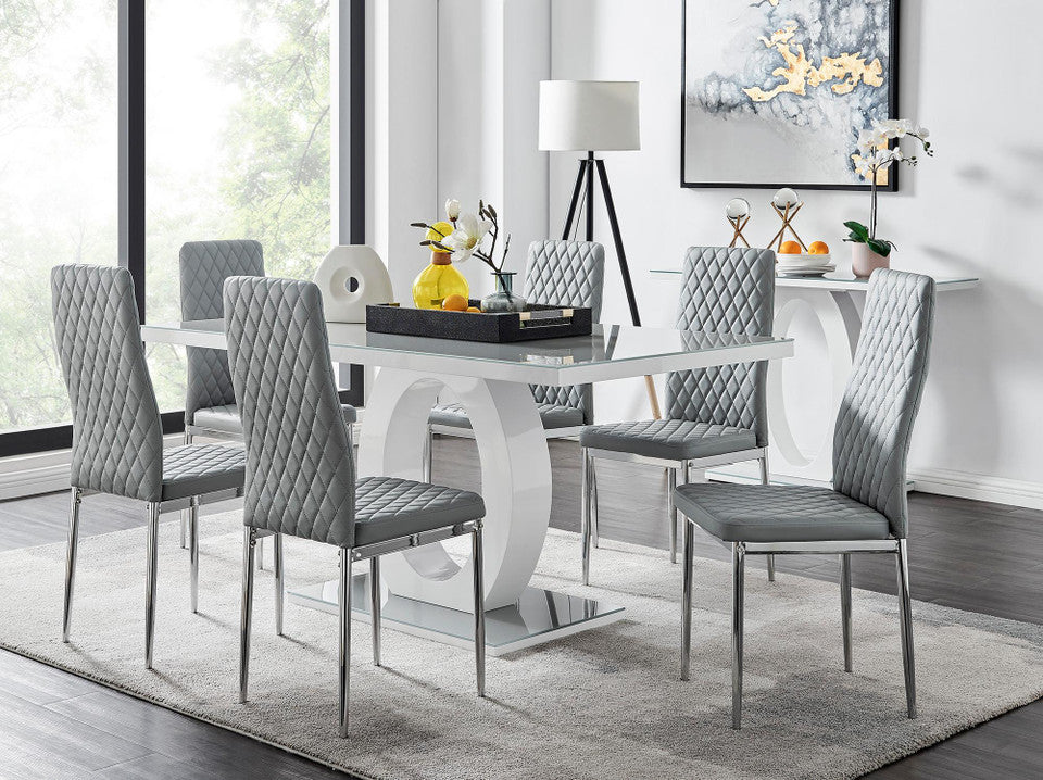 Giovani Grey White Modern High Gloss And Glass Dining Table And 6 Milan Chairs Set