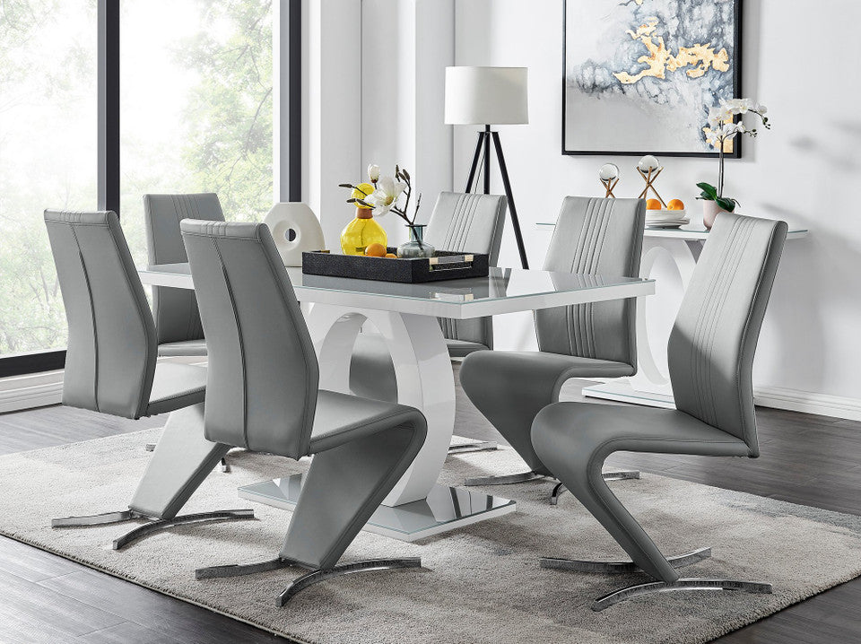 Giovani Grey White Modern High Gloss And Glass Dining Table And 6 Willow Chairs Set