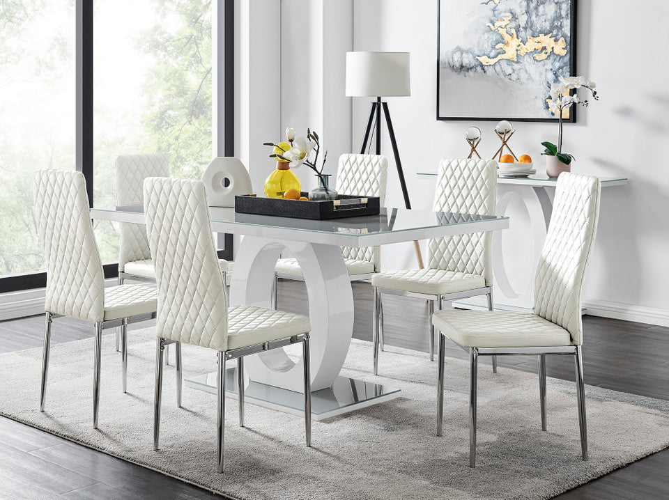 Giovani Grey White Modern High Gloss And Glass Dining Table And 6 Milan Chairs Set