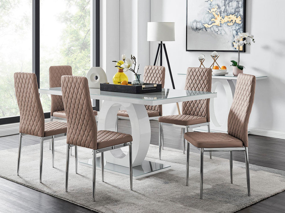 Giovani Grey White Modern High Gloss And Glass Dining Table And 6 Milan Chairs Set