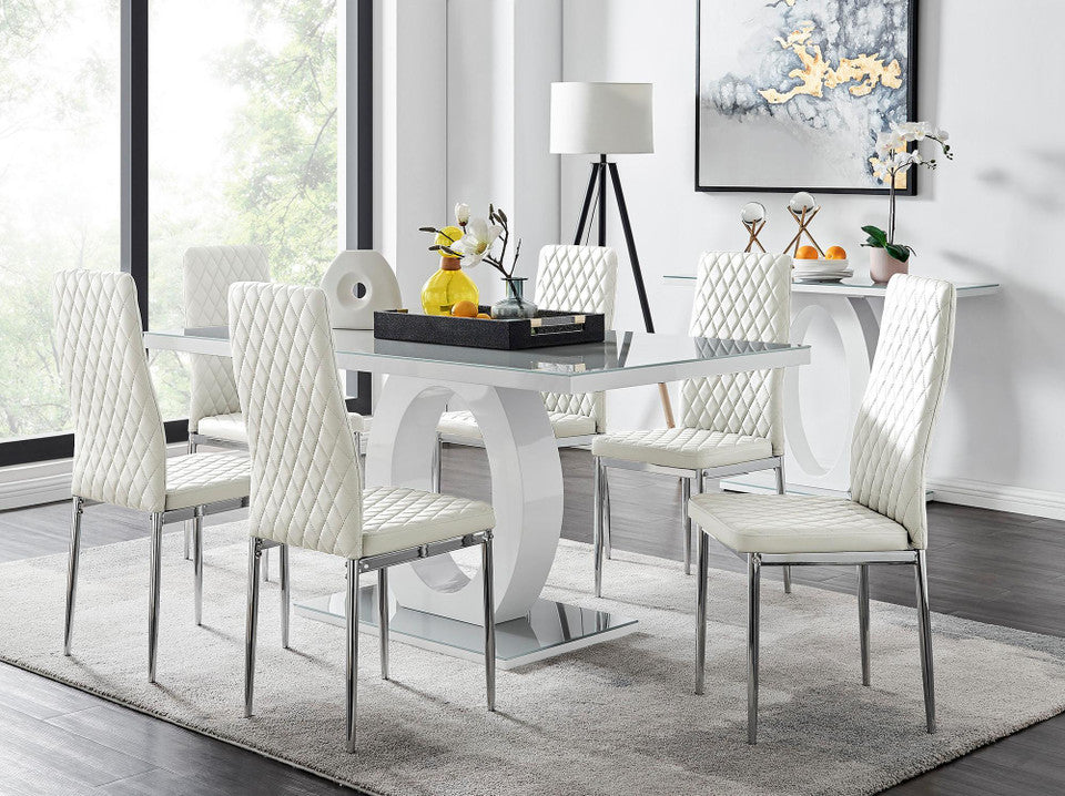 Giovani Grey White Modern High Gloss And Glass Dining Table And 6 Milan Chairs Set