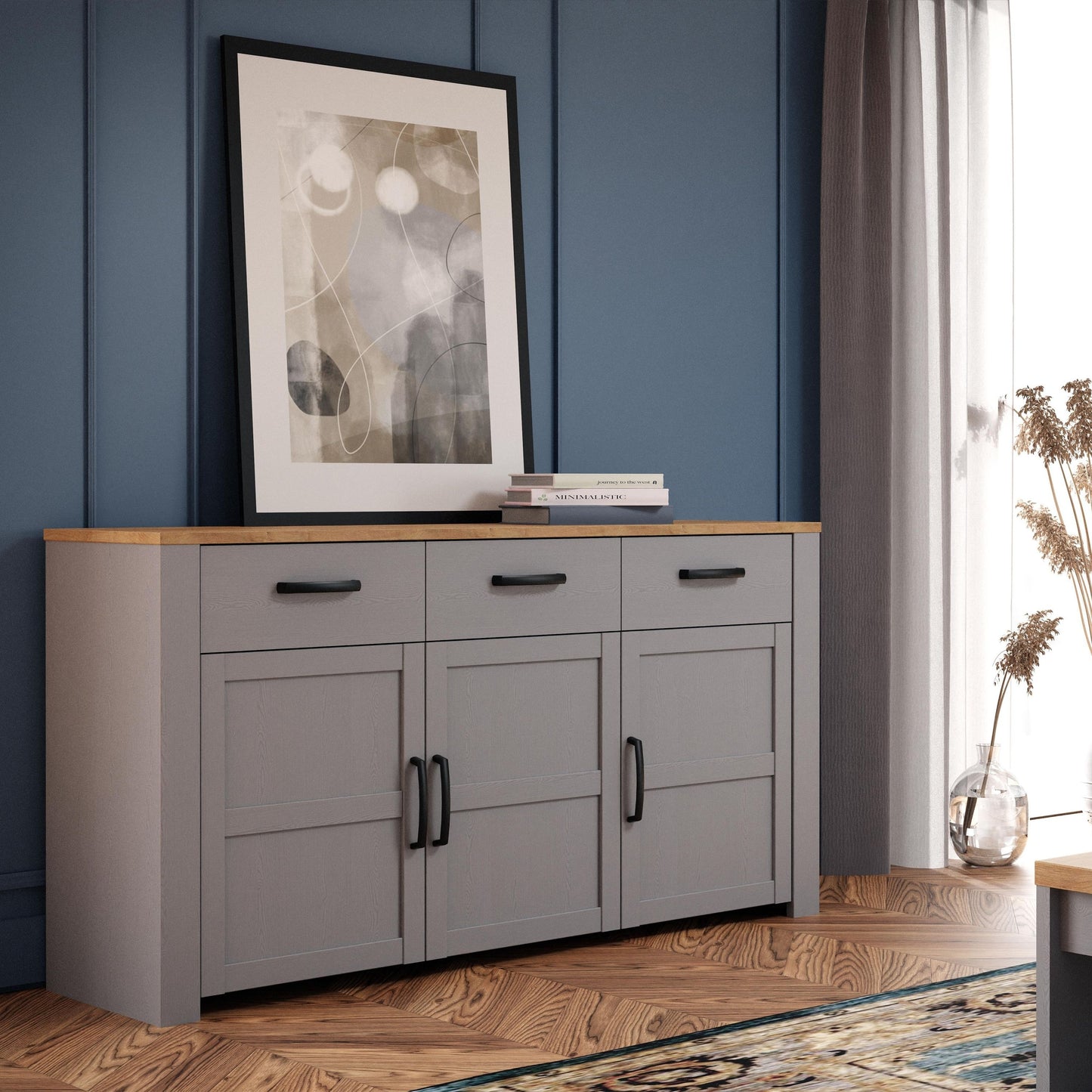 Bohol Sideboard 3 Drawer 3 Door in Grey and Oak