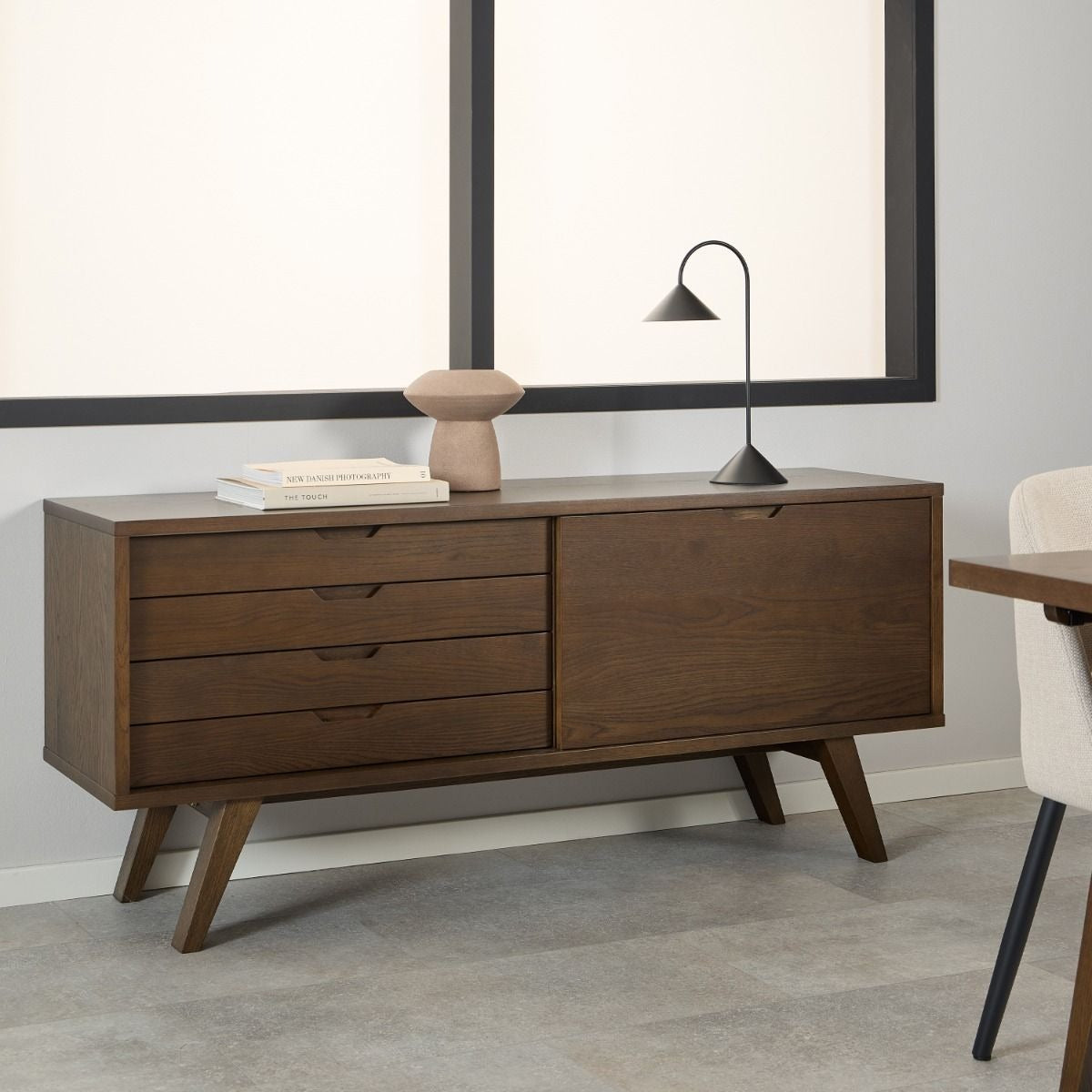 A-Line Sideboard with 4 Drawers and Sliding Door in Smoked Oak