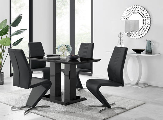 Imperia 4 Modern Black High Gloss Dining Table And 4 Luxury Willow Chairs Set