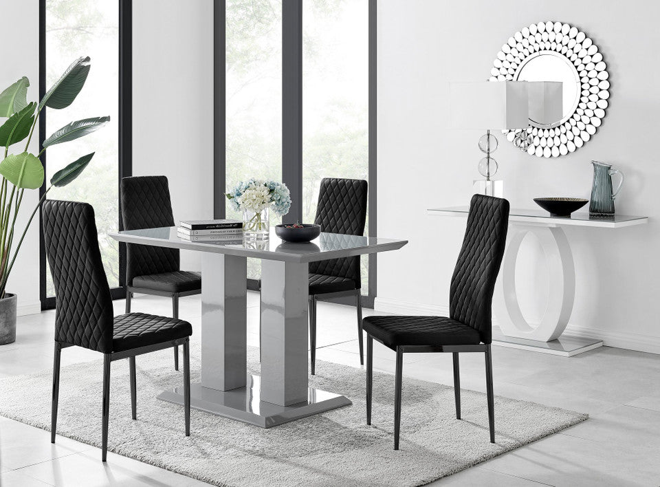 Imperia 4 Grey Dining Table and 4 Velvet Milan Black Leg Chairs