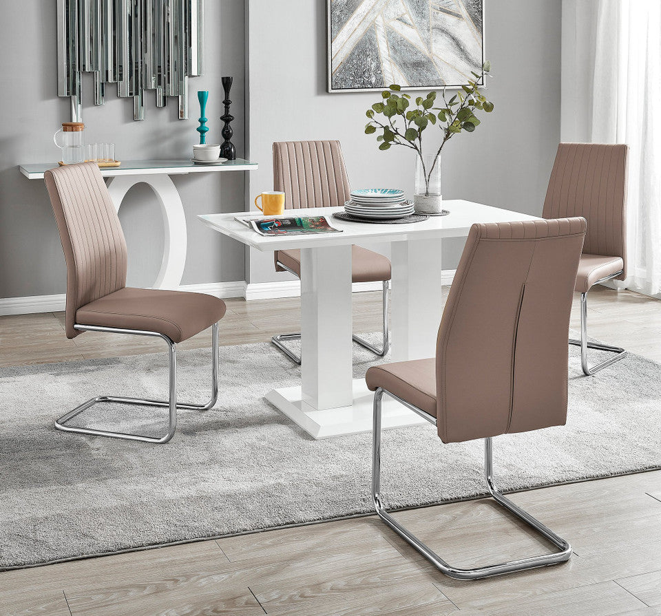Imperia 4 Modern White High Gloss Dining Table And 4 Lorenzo Chrome Dining Chairs Set