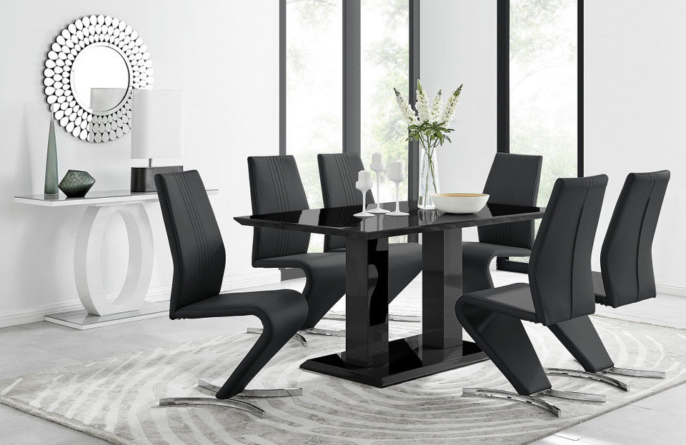 Imperia Black High Gloss Dining Table And 6 Luxury Willow Dining Chairs Set