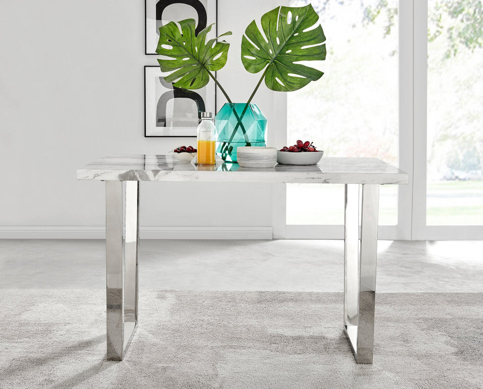Kylo White Marble Effect Dining Table & 4 Milan Chrome Leg Chairs