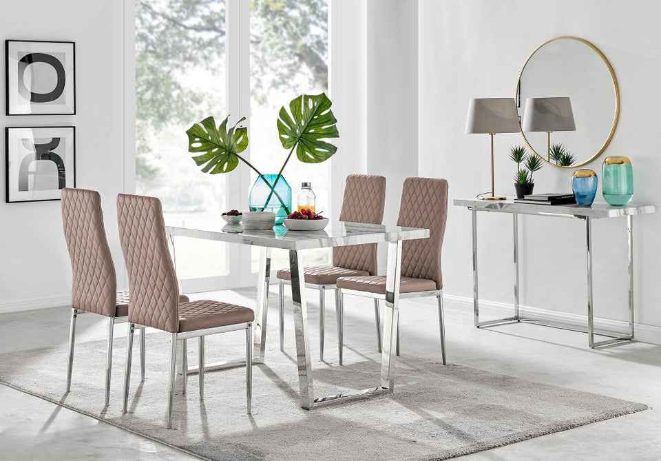 Kylo White Marble Effect Dining Table & 4 Milan Chrome Leg Chairs