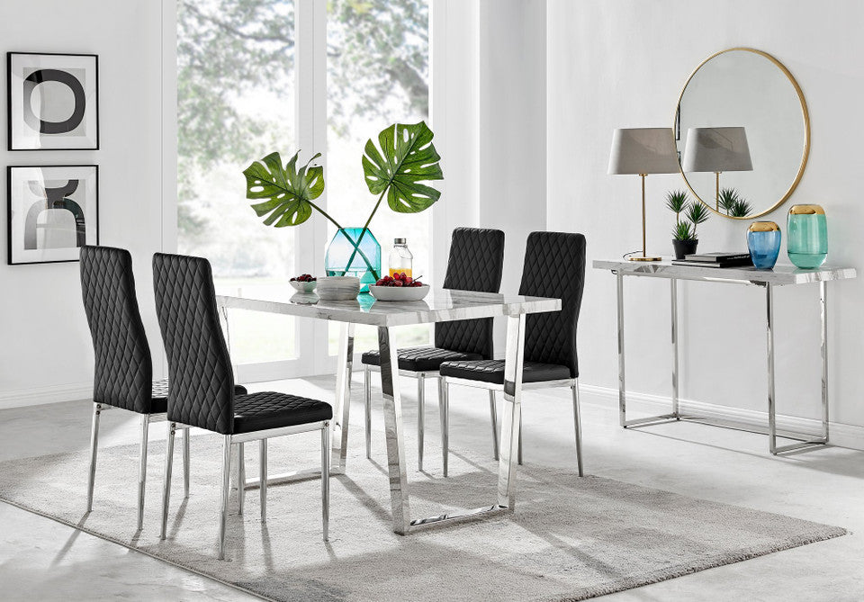 Kylo White Marble Effect Dining Table & 4 Milan Chrome Leg Chairs