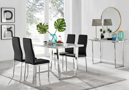 Kylo White Marble Effect Dining Table & 4 Milan Chrome Leg Chairs